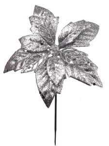 5 Inch Silver Glittered Poinsettia Pick (lot of 12) SALE ITEM