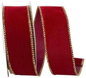 1.5 Inch Scarlet Velvet Wired Ribbon With Gold Edges, 10 Yard Spool (1 Spool) SALE ITEM