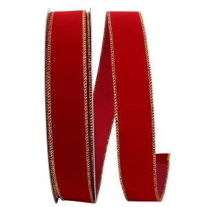 1.5 Inch Scarlet Velvet Wired Ribbon With Gold Edges, 50 Yard Spool (1 Spool) SALE ITEM