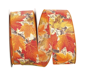 1.5 Inch Autumn Leaves Ribbon With Wired Edges, Orange, Yellow, Green, 50 Yards (1 Spool) SALE ITEM