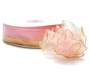 .875 Inch Pink Organza Pull Bow Ribbon With 4 Rows of Gold Stripe Accents, 7/8 Inch x 25 Yards (Lot of 1 Spool) SALE ITEM