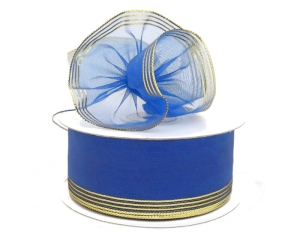 .875 Inch Royal Blue Organza Pull Bow Ribbon With 4 Rows of Gold Stripe Accents, 7/8 Inch x 25 Yards (Lot of 1 Spool) SALE ITEM