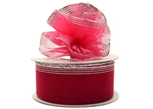 .875 Inch Fuchsia Organza Pull Bow Ribbon With 4 Rows of Silver Stripe Accents, 7/8 Inch x 25 Yards (Lot of 1 Spool) SALE ITEM