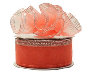 1.5 Inch Coral Organza Pull Bow Ribbon With 4 Rows of Silver Stripe Accents, 25 Yards (Lot of 1 Spool) SALE ITEM