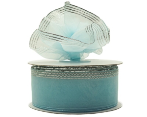 1.5 Inch Lt. Blue Organza Pull Bow Ribbon With 4 Rows of Silver Stripe Accents, 25 Yards (Lot of 1 Spool) SALE ITEM