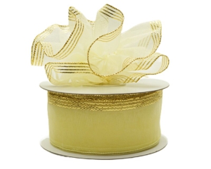 1.5 Inch Lt. Yellow Organza Pull Bow Ribbon With 4 Rows of Gold Stripe Accents, 25 Yards (Lot of 1 Spool) SALE ITEM