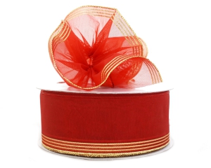 1.5 Inch Red Organza Pull Bow Ribbon With 4 Rows of Gold Stripe Accents, 25 Yards (Lot of 1 Spool) SALE ITEM