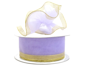 1.5 Inch Lavender Organza Pull Bow Ribbon With 4 Rows of Gold Stripe Accents, 25 Yards (Lot of 1 Spool) SALE ITEM