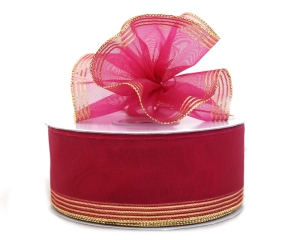 1.5 Inch Fuchsia Organza Pull Bow Ribbon With 4 Rows of Gold Stripe Accents, 25 Yards (Lot of 1 Spool) SALE ITEM