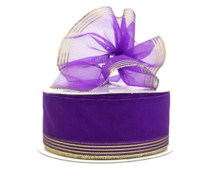 1.5 Inch Purple Organza Pull Bow Ribbon With 4 Rows of Gold Stripe Accents, 25 Yards (Lot of 1 Spool) SALE ITEM