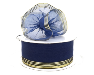 1.5 Inch Navy Blue Organza Pull Bow Ribbon With 4 Rows of Gold Stripe Accents, 25 Yards (Lot of 1 Spool) SALE ITEM