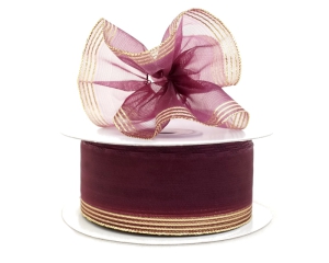 1.5 Inch Burgundy Organza Pull Bow Ribbon With 4 Rows of Gold Stripe Accents, 25 Yards (Lot of 1 Spool) SALE ITEM