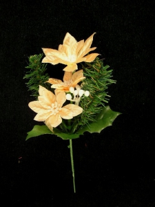 Peach Satin Poinsettia and Pine Christmas Wreath Pick, Artificial Silk Flower (lot of 12)
